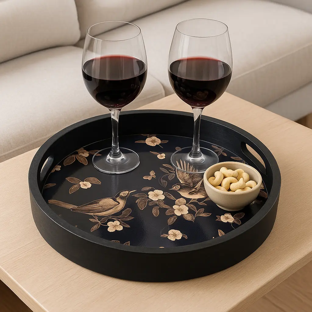 P12 Elegant Round Wooden Serving Tray with Dark Floral & Bird Decal - Enamel Coated (10inch)