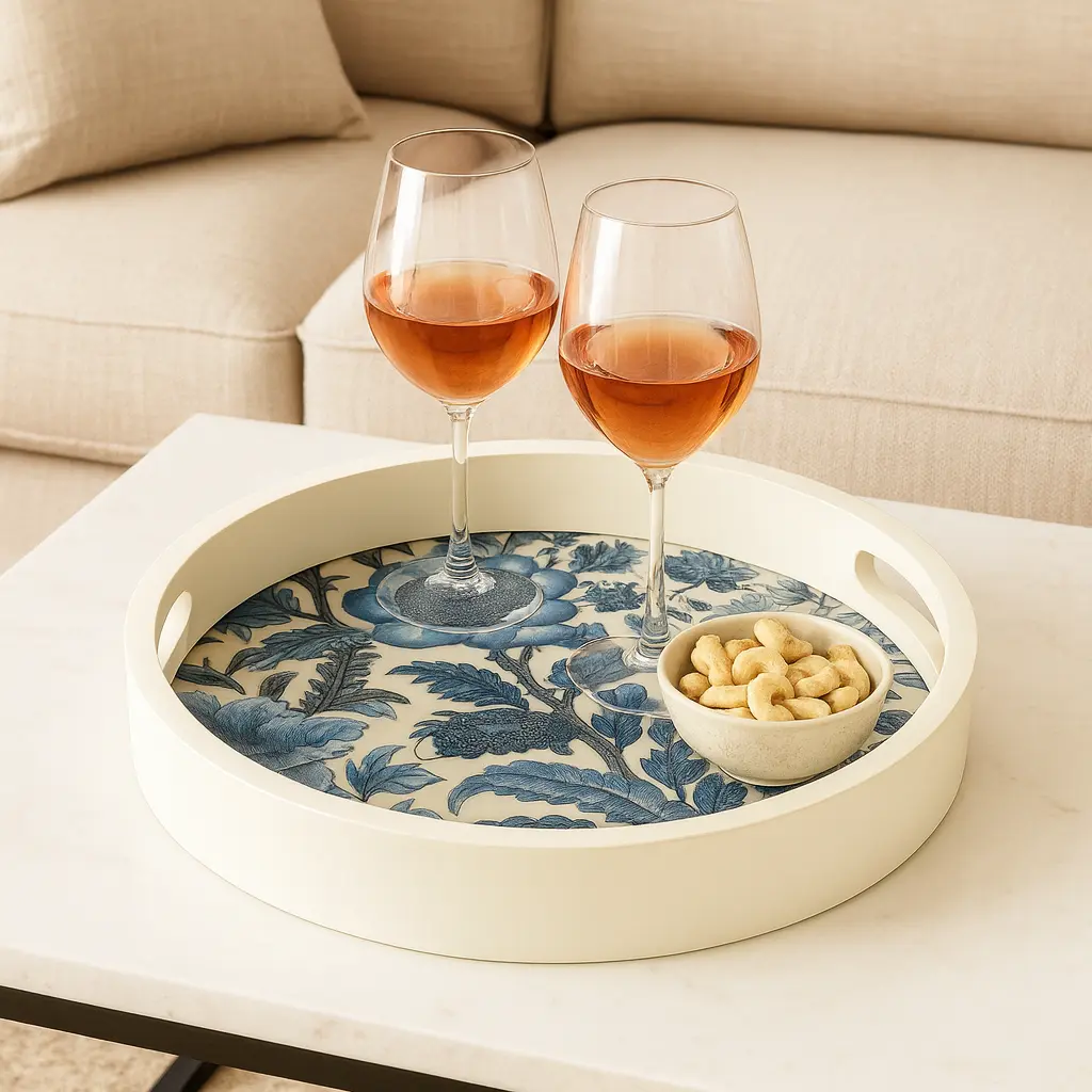 Coastal Chic Round Wooden Serving Tray with Blue & White Chinoiserie Floral Decal - Enamel Coated (10inch)