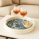 Coastal Chic Round Wooden Serving Tray with Blue & White Chinoiserie Floral Decal - Enamel Coated