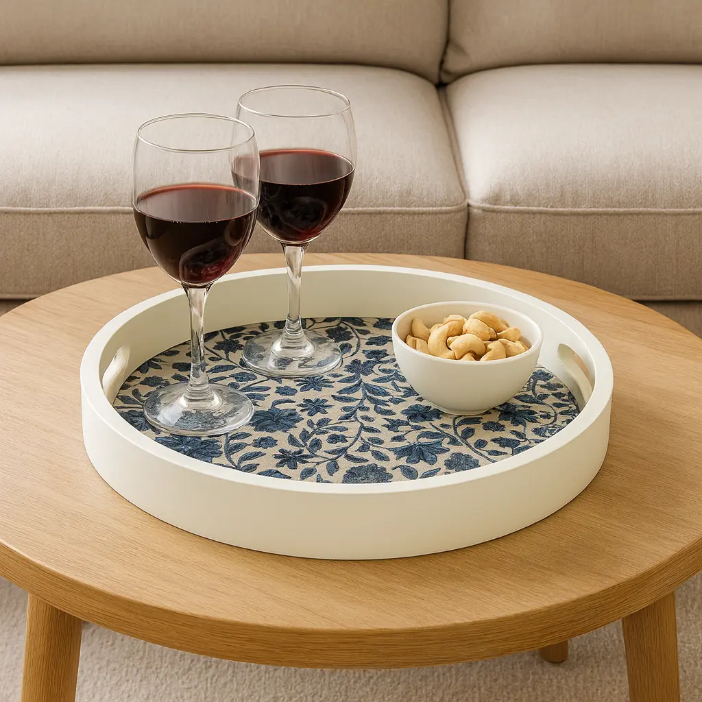 Elegant Round Wooden Serving Tray with Intricate Blue & Cream Floral Decal - Enamel Coated Accent (10inch)