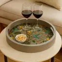 Elegant Round Wooden Serving Tray with Decorative Botanical & Bird Decal - Enamel Coated