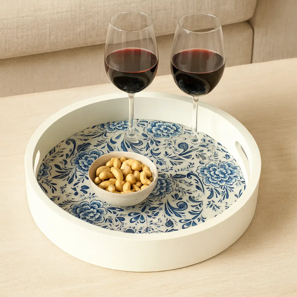 P16 Chic Round Wooden Serving Tray with Blue & White Floral Decal, Enamel Coated (10inch)