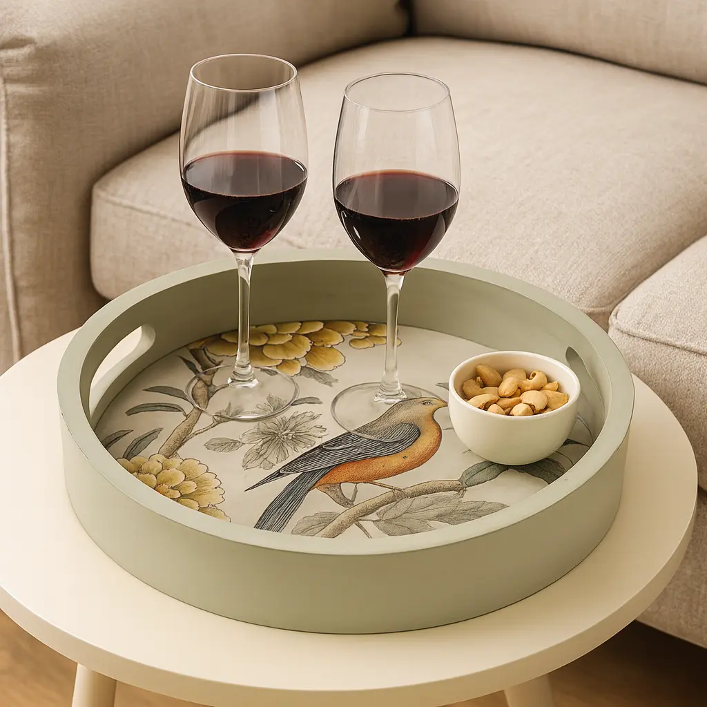 P17 Nature-Inspired Round Wooden Serving Tray with Songbird & Floral Decal, Enamel Coated (10inch)