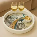 P19 Majestic Peacock Round Wooden Serving Tray with Botanical Decal, Enamel Coated