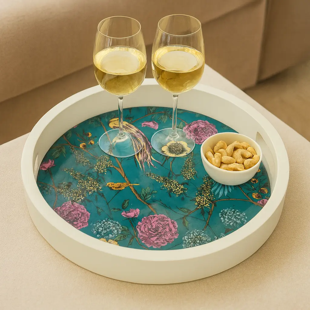 Exotic Teal Round Wooden Serving Tray with Birds & Lush Floral Decal, Enamel Coated