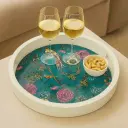 Exotic Teal Round Wooden Serving Tray with Birds & Lush Floral Decal, Enamel Coated
