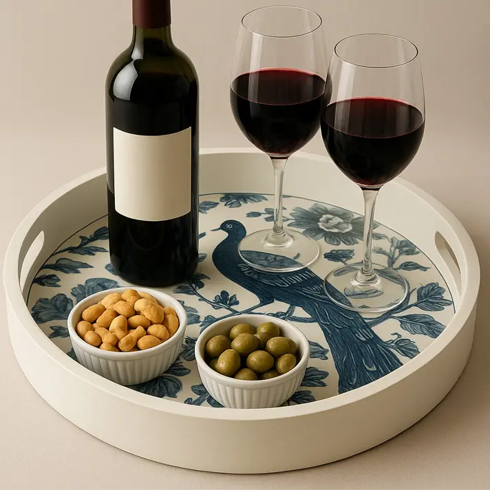 Chinoiserie Peacock & Floral Wooden Serving Tray - Blue & White Decorative Round Tray (10inch)