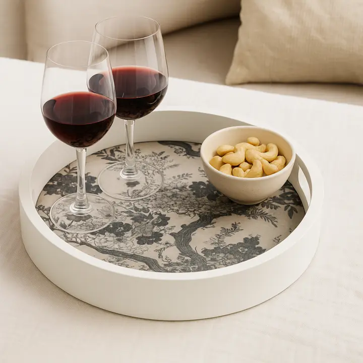 P23 Monochrome Chinoiserie Floral Wooden Serving Tray - Black & White Decorative Round Tray  (10inch)