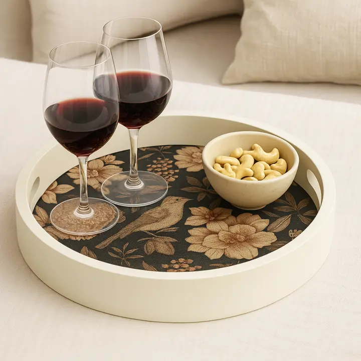 Vintage Sepia Bird & Floral Wooden Serving Tray - Round Decorative Tray with Cottagecore Charm (10inch)