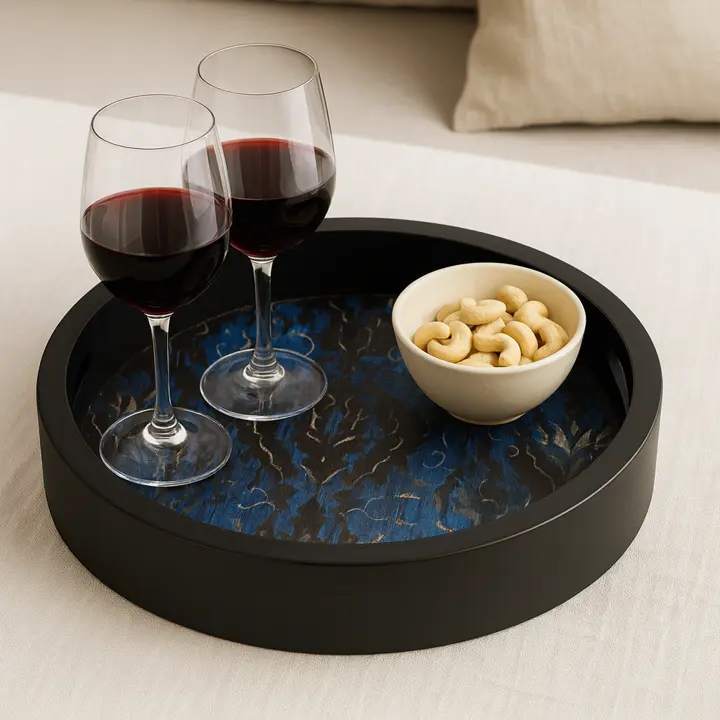 P28 Elegant Round Wooden Decorative Tray with Blue Damask Decal - Black Enamel Finish (10inch)