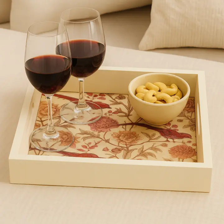 P31 Elegant Botanical Bird Decorative Wooden Serving Tray