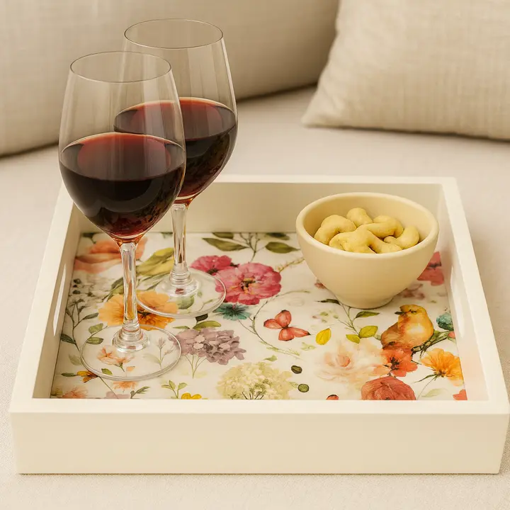 Whimsical Watercolor Floral & Bird Wooden Serving Tray