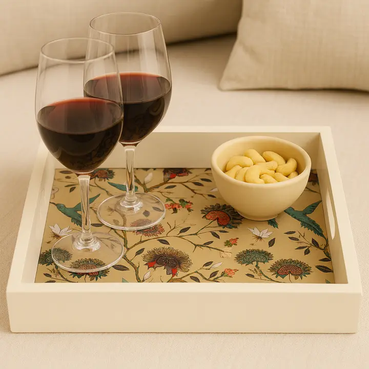 Cream Wooden Serving Tray with Vintage Botanical & Hummingbird Design