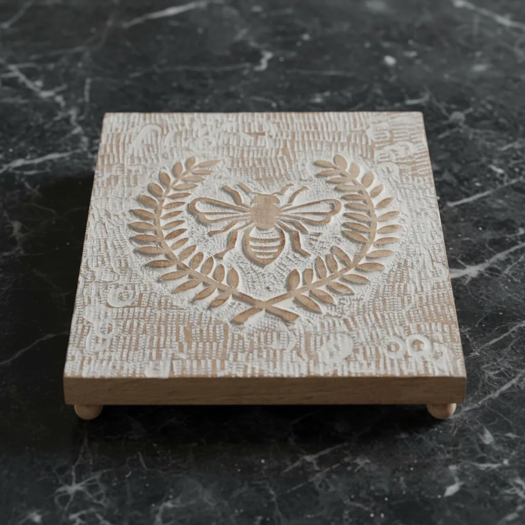 White-Washed Natural Wood Decorative Trivet: 8-Inch Square Display Stand with Elevated Feet