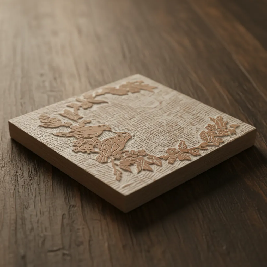 Premium Washed Square Wood Trivet: Hand-Carved Floral & Bird Relief Decorative Hot Pad