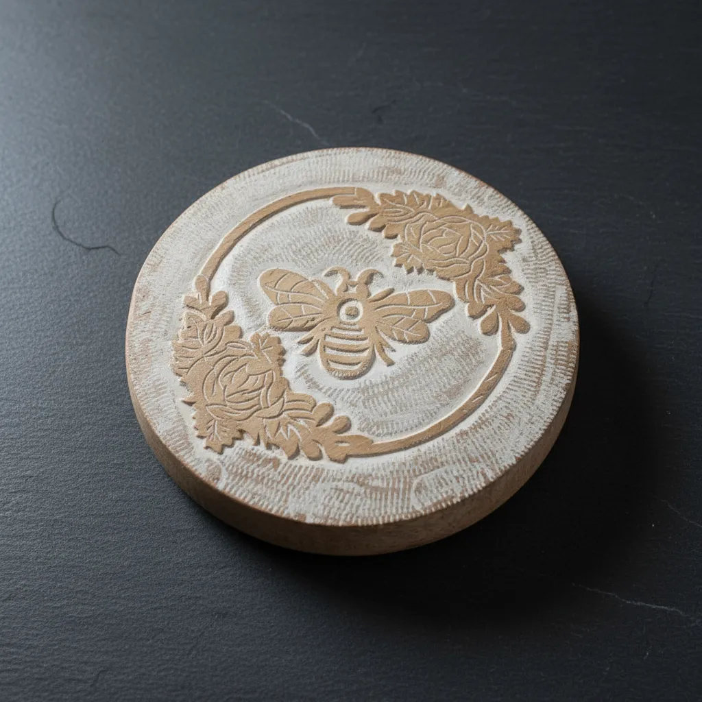 P5 The Honeycomb Caddy: Handcrafted 8x8 Wooden Trivet and Riser with Bee & Laurel Motif (8*8)