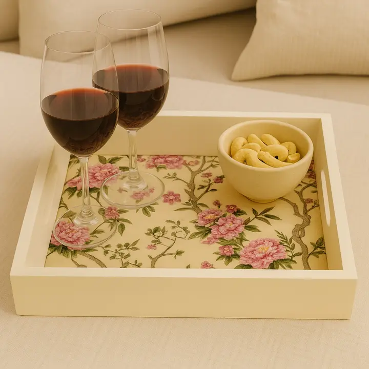 P37 Cream Wooden Serving Tray with Vintage Pink Peony & Tree Design (10inch)