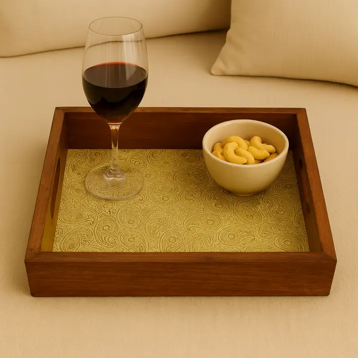 Elegant Wooden Tray with Gold Paisley Pattern Inlay