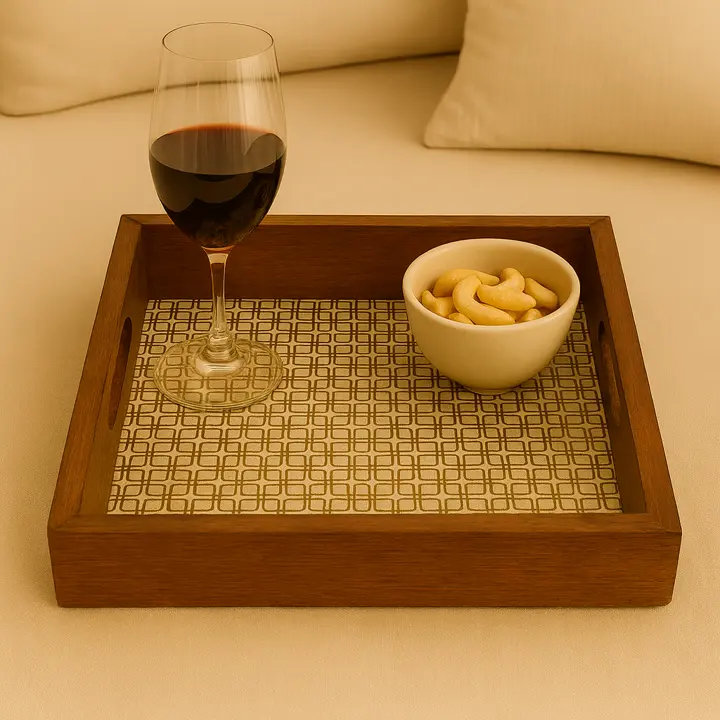 Mid-Century Modern Geometric Pattern Wooden Tray