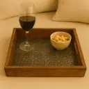 Rectangular Wooden Serving Tray with Ornate Gold & Black Floral Pattern