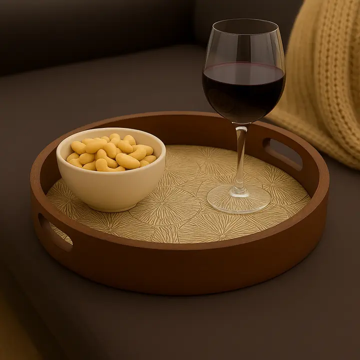 Round Wooden Serving Tray with Modern Concentric Circle Pattern