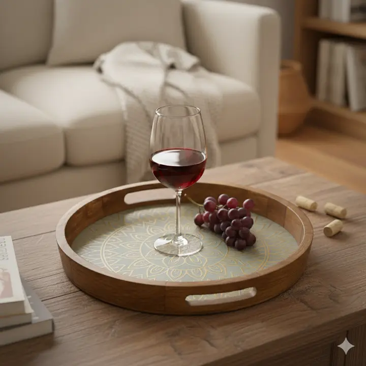 Round Wooden Serving Tray with Golden Floral Mandala Design