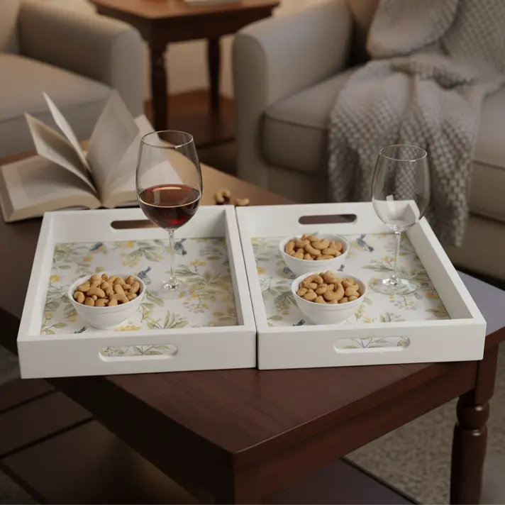 Pristine White Wooden Serving Tray with Gentle Botanical & Bird Motif