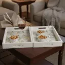 P59 Pristine White Wooden Serving Tray with Gentle Botanical & Bird Motif