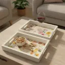 P61 Charming White Wooden Serving Tray with Watercolor Floral & Bird Motif 