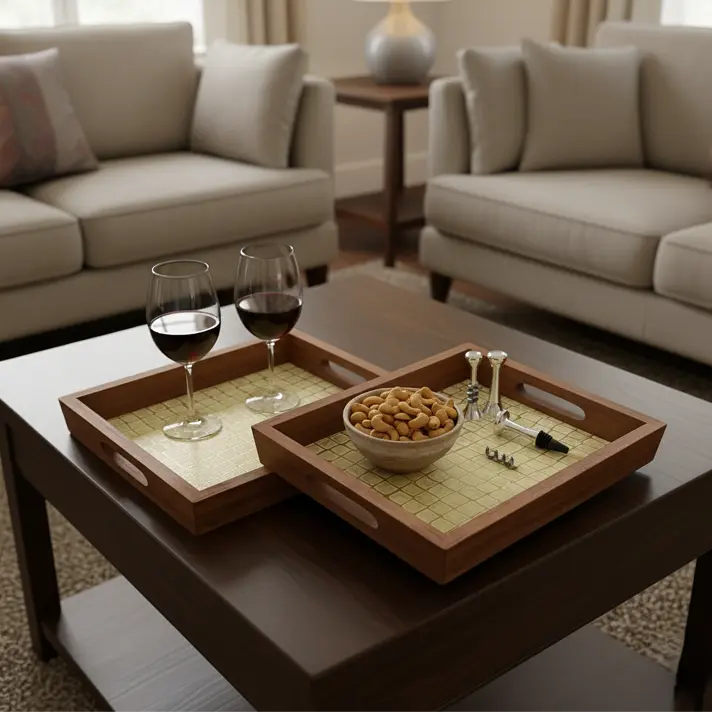 Stylish Wooden Serving Tray with Embossed Croc-Skin Pattern Inlay