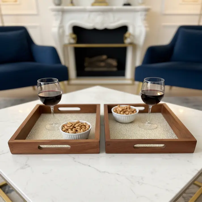 Classic Wooden Serving Tray with Ornate Scrollwork Pattern Inlay