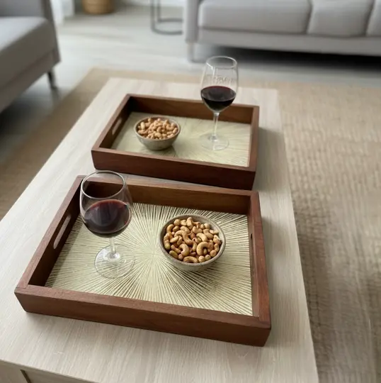 Modern Wooden Serving Tray with Radiant Sunburst Pattern Inlay