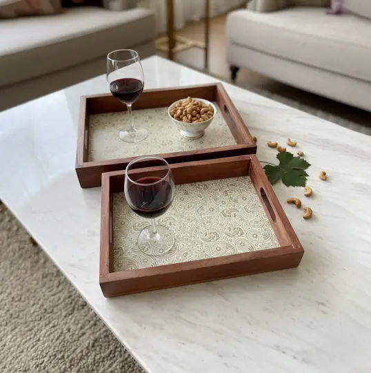 P67 Bohemian Wooden Serving Tray with Elegant Paisley Pattern Inlay (14*10)