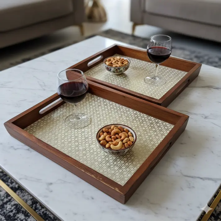 Elegant Wooden Serving Tray with Geometric Pattern Inlay (14*10)