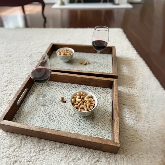 Classic Rectangular Wooden Serving Tray with Fleur-de-lis Pattern