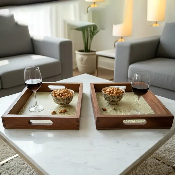 P71 Contemporary Rectangular Wooden Serving Tray with Radial Circle Design (14*10)