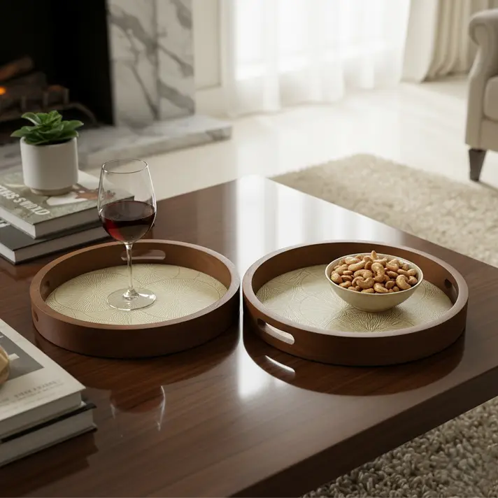 Modern Round Wooden Serving Tray with Geometric Circle Design