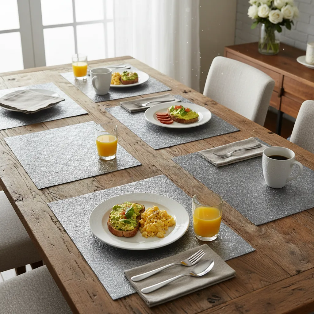 P4 Luxury Silver Metallic Embossed Dining Mat – Durable Vintage Floral Patterned Table Decor (16*12)