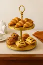 P14 Two-Tiered Wood and Brass Serving Stand •Rustic Gold & Mango Wood Dessert Tier •Riveted Brass-Trimmed Two-Tier Display Stand •Vintage-Style Round Wood Server