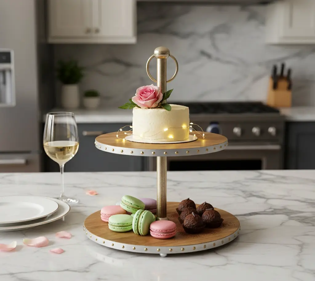2-Tier Natural Wood Serving Stand with Mixed-Metal Riveted Trim