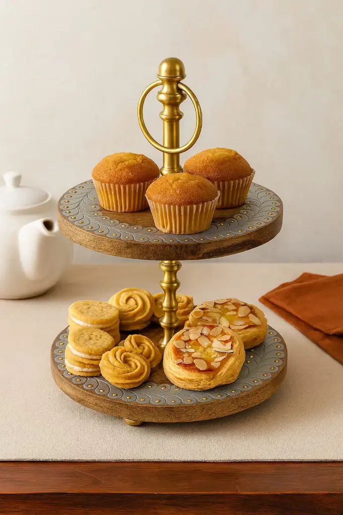 P17 Rustic Gold-Tone Metal and Wood Two-Tier Serving Stand