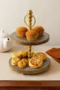 Rustic Gold-Tone Metal and Wood Two-Tier Serving Stand