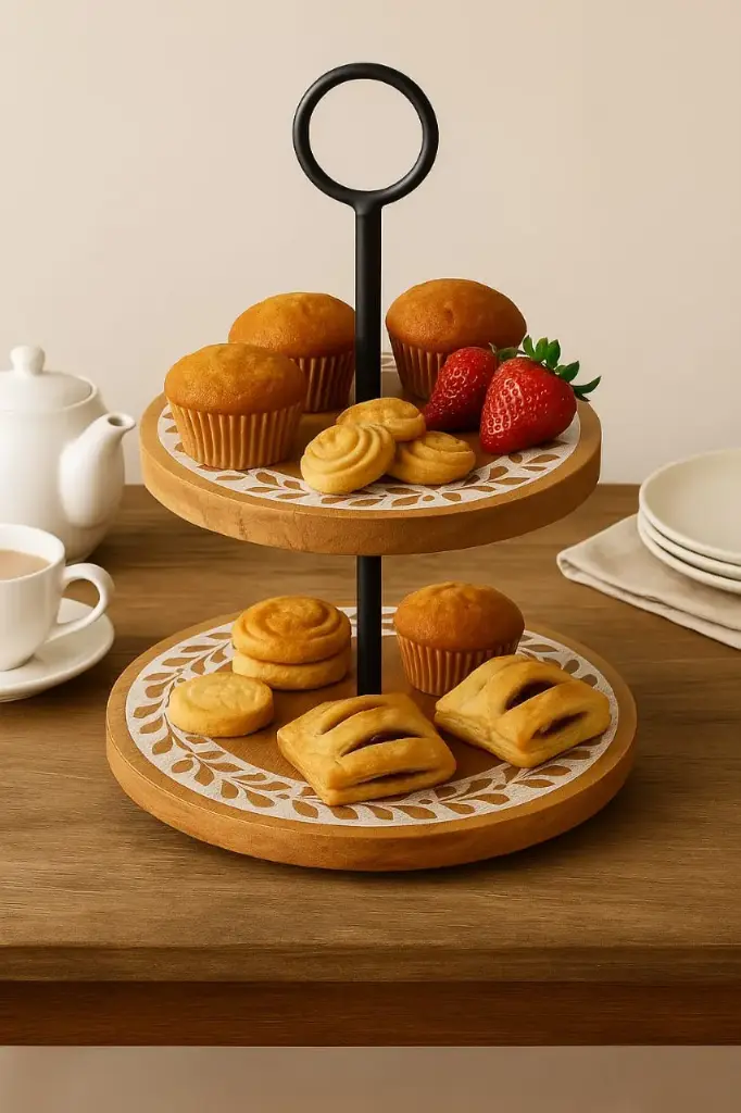 P18 Farmhouse Floral Carved Wood Two-Tier Serving Stand