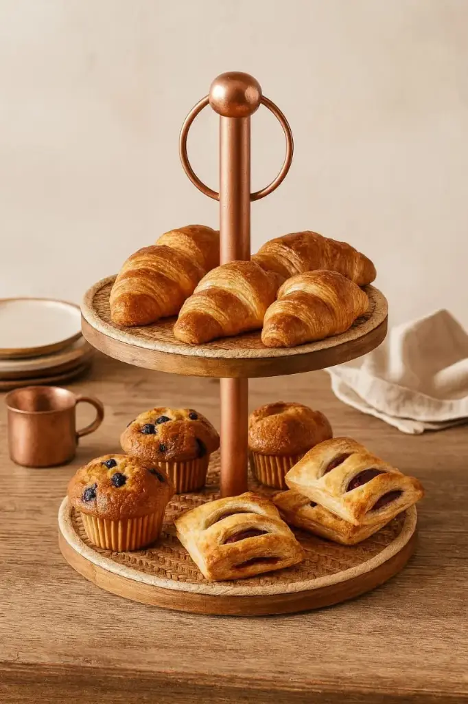 Bohemian Copper and Rattan-Inset Two-Tier Serving Stand