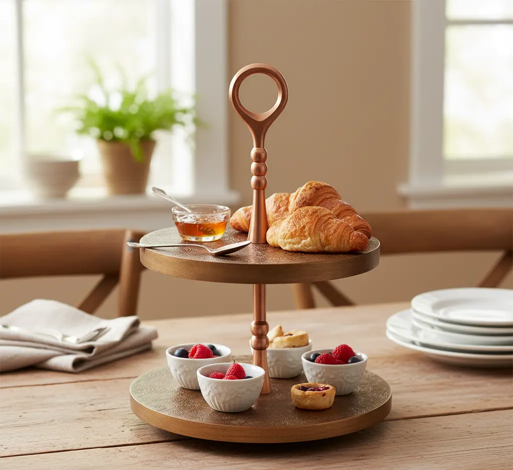P22 Embossed Copper-Tone Metal Two-Tier Serving Stand