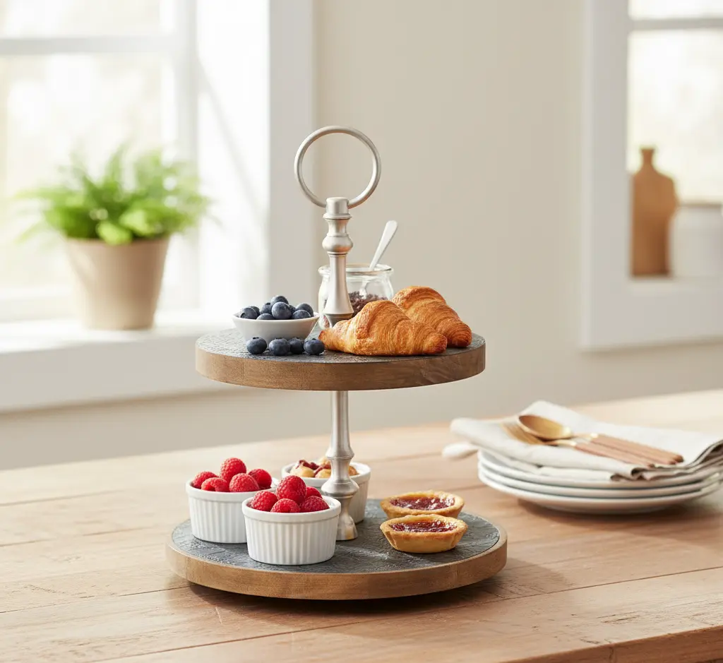 Rustic Chic Engraved Charcoal Wood & Silver Metal Two-Tier Stand