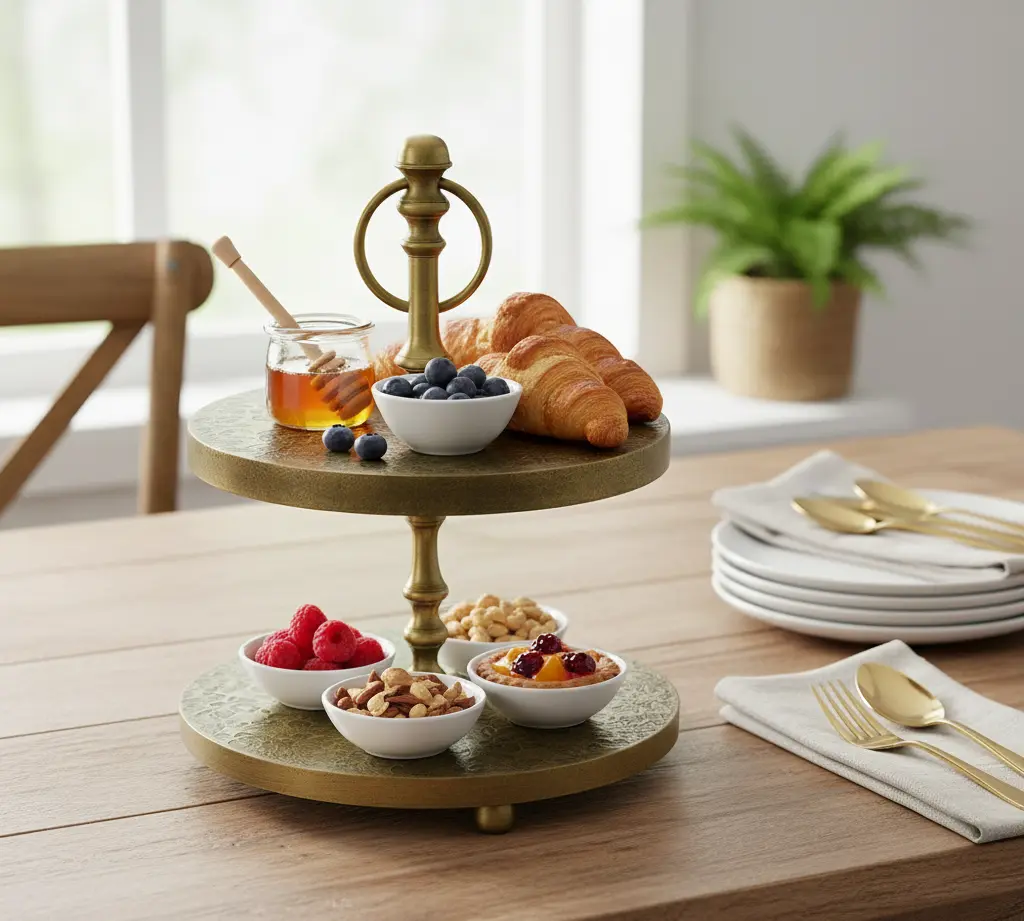 P24 Rustic Chic Engraved Charcoal Wood & Silver Metal Two-Tier Stand