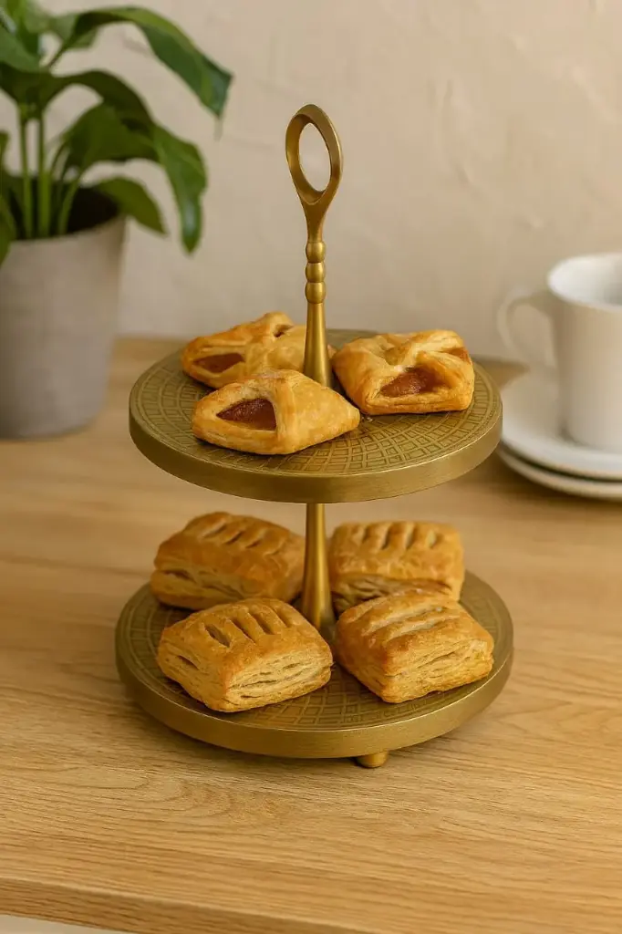 P34 2-Tier Antique Brass Geometric Grid Serving Stand / Art Deco Display Server