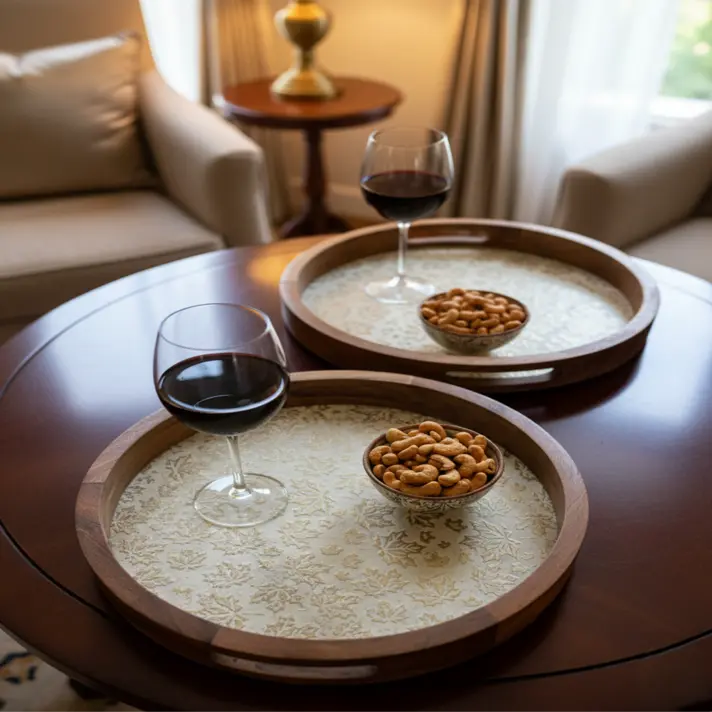 P77 Handcrafted Round Wooden Serving Tray with Embossed Leaf Design (10inch)