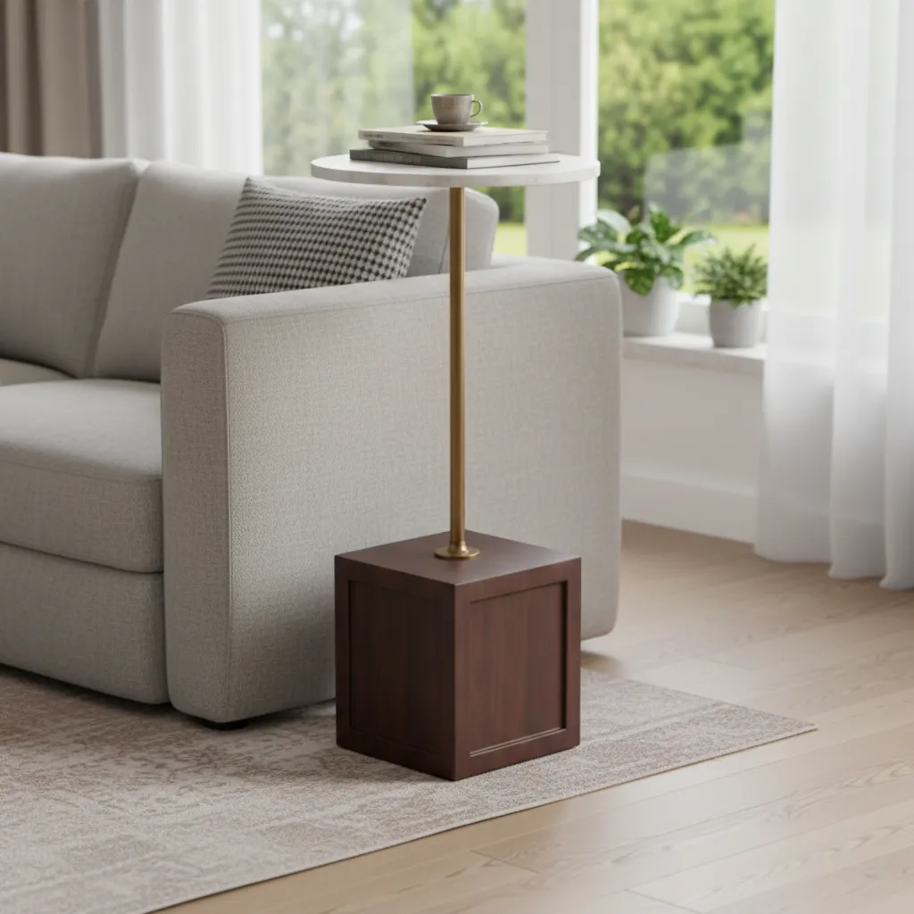P1 Modern Marble Top Accent Table with Brass Stem and Cubic Wooden Base (10*24)